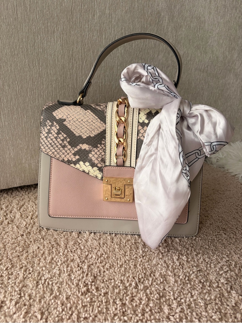Aldo Pink & Snake-Print Top Handle Satchel with Scarf
